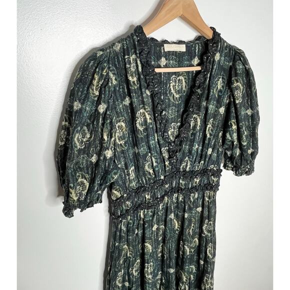 Ulla Johnson Elli Dress Womens 10 Green Paisley Puff Sleeve Pockets Cotton - Picture 5 of 12
